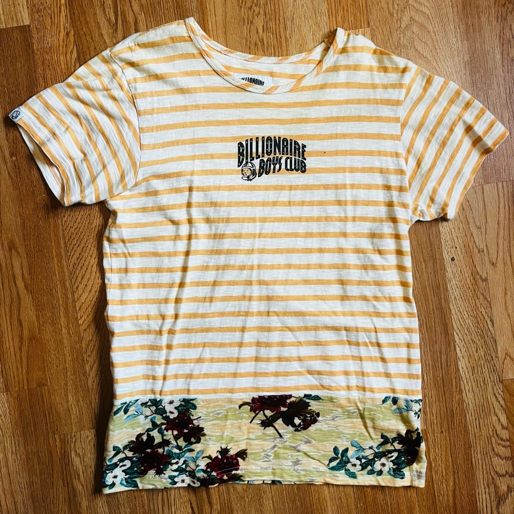Billionaire Boys Club orange striped shirt 
Camo flowers bottom part of shirt